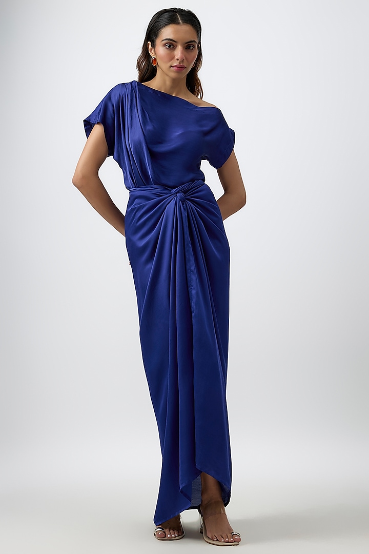 Blue Modal Satin Maya Draped Skirt Set by Aroka at Pernia's Pop Up Shop