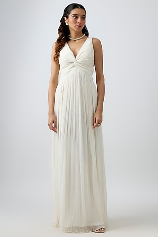 Ivory Wrinkle Chiffon & Modal Satin Gathered Dream Dress by Aroka
