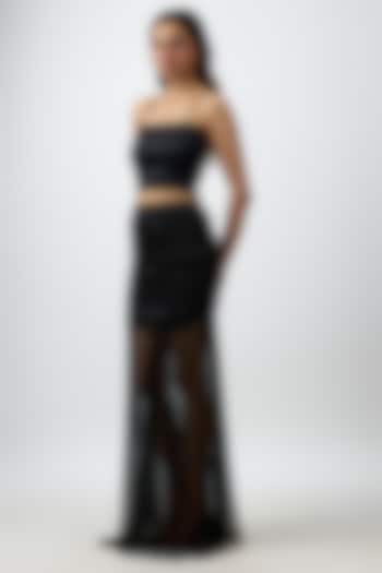Black Viscose Lycra Satin & Wrinkle Chiffon Siren Skirt Set by Aroka at Pernia's Pop Up Shop