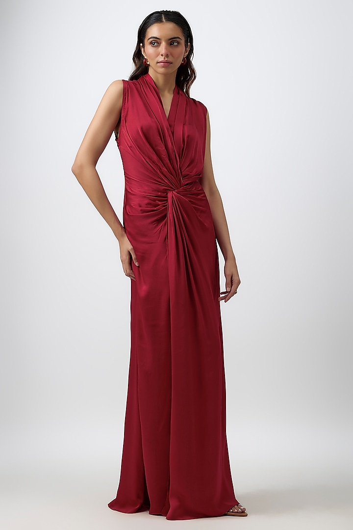 Red Modal Satin Kiara Draped Summer Dress by Aroka at Pernia's Pop Up Shop