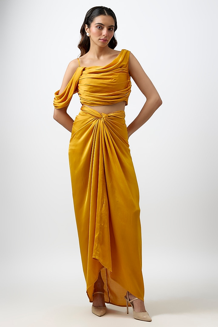 Yellow Modal Satin Honey Sarong Draped Skirt Set by Aroka at Pernia's Pop Up Shop