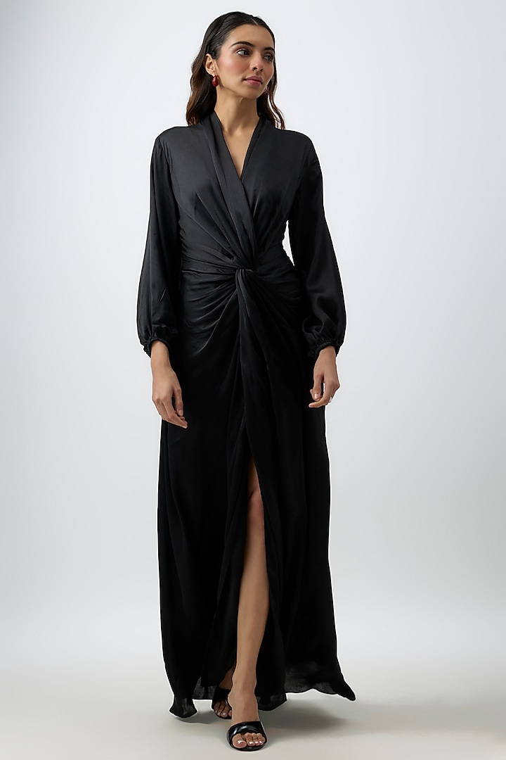 Black Modal Satin Draped Diva Vacation Dress by Aroka at Pernia's Pop Up Shop