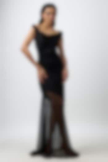 Black Wrinkle Chiffon & Crepe Sabrina Twisted Vacation Dress by Aroka at Pernia's Pop Up Shop