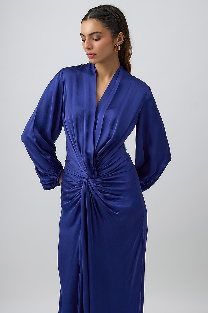 Blue Modal Satin Twisted Draped Diva Vacation Dress by Aroka at Pernia's Pop Up Shop