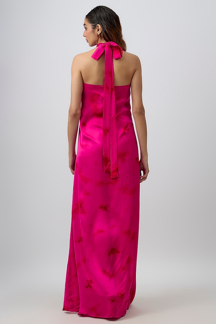 Pink Modal Satin Tie-Dye Halter Bellarose Draped Summer Dress by Aroka at Pernia's Pop Up Shop