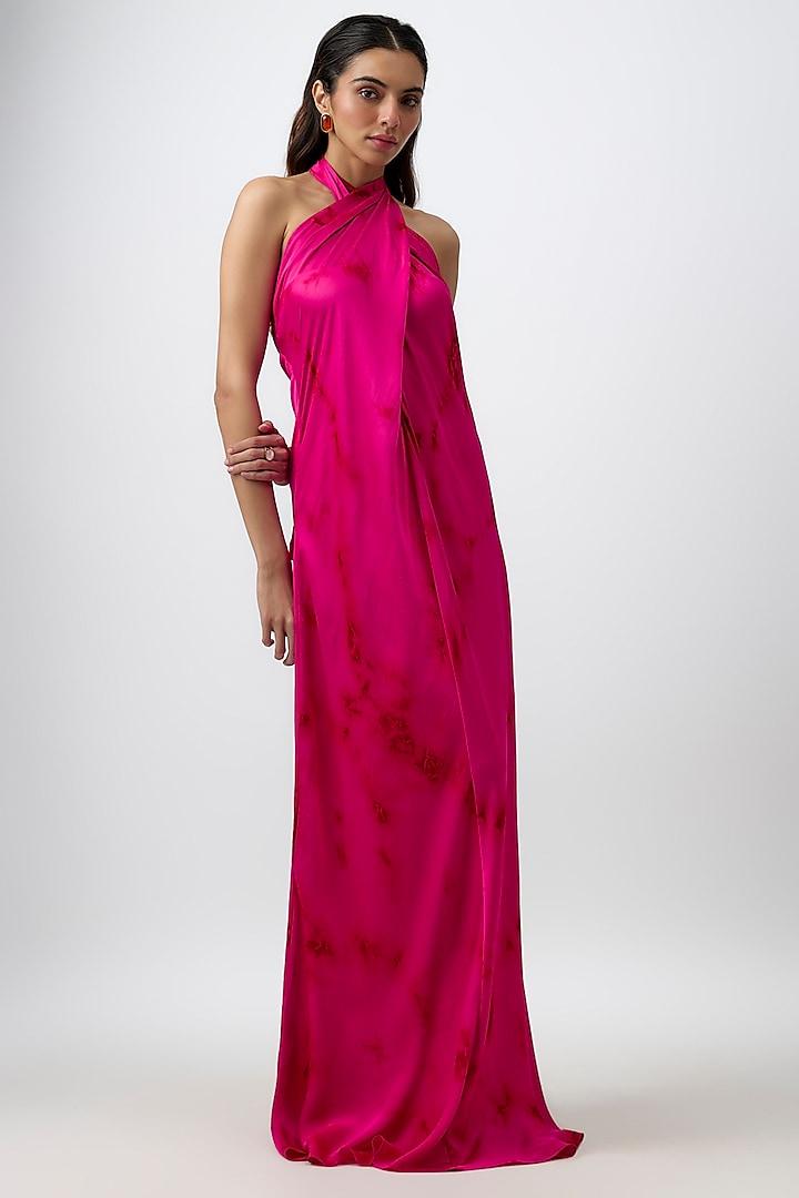 Pink Modal Satin Tie-Dye Halter Bellarose Draped Summer Dress by Aroka at Pernia's Pop Up Shop