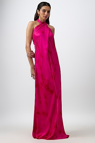 Pink Modal Satin Tie-Dye Halter Bellarose Draped Dress by Aroka