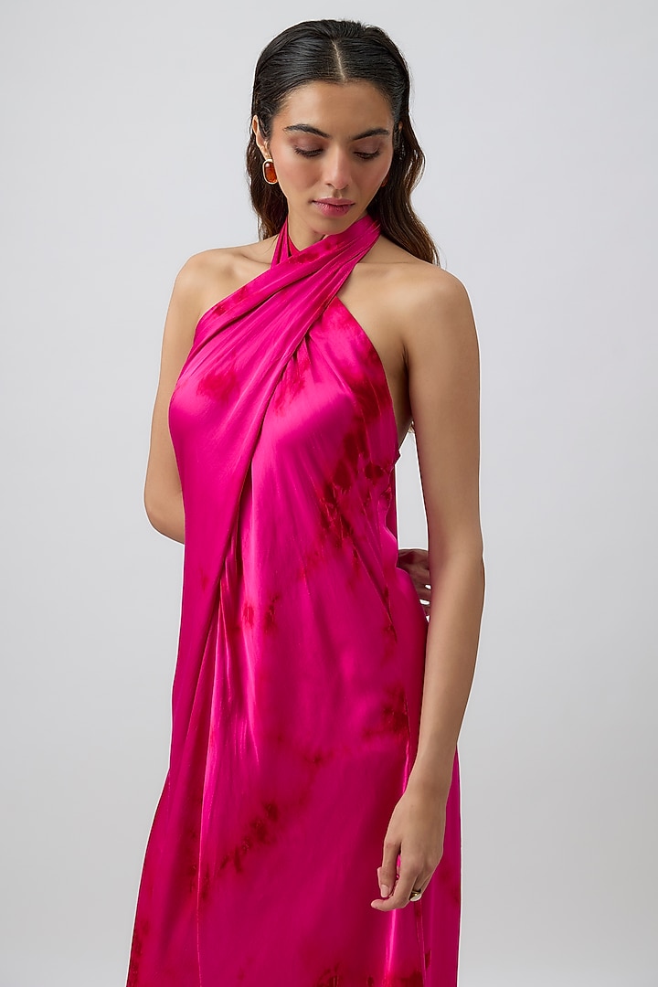 Pink Modal Satin Tie-Dye Halter Bellarose Draped Vacation Dress by Aroka at Pernia's Pop Up Shop