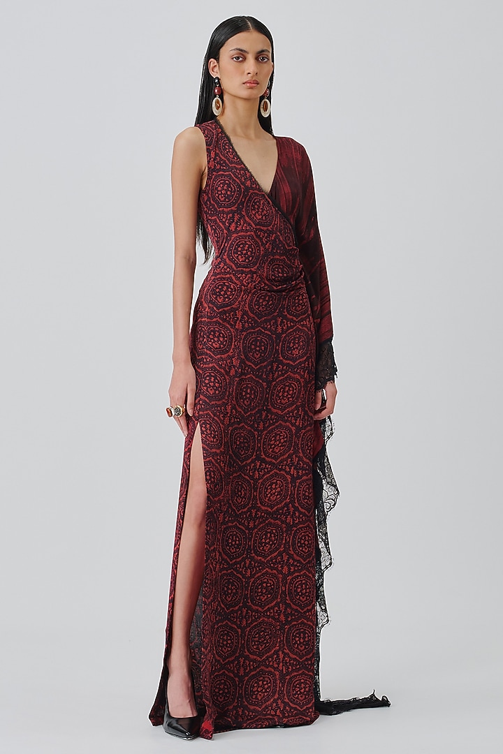 Crimson Modal Satin Handblock Printed Cocktail Dress by Aroka at Pernia's Pop Up Shop