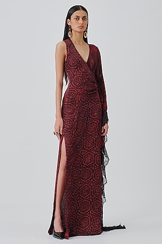 Crimson Modal Satin Handblock Printed Dress by Aroka