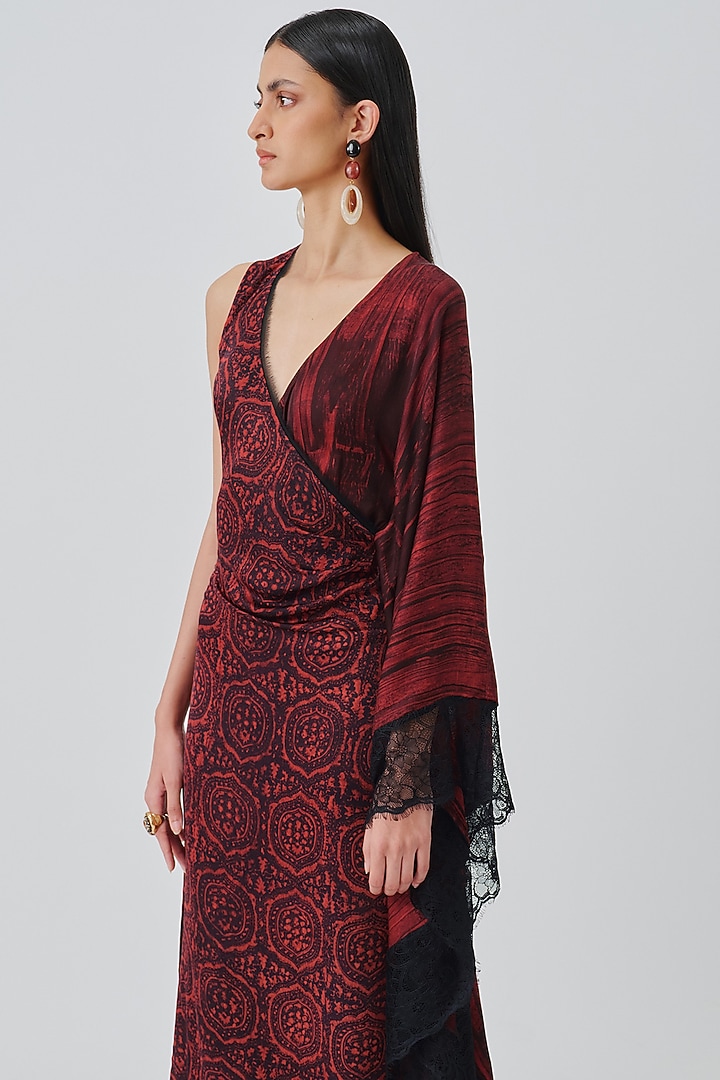 Crimson Modal Satin Handblock Printed Cocktail Dress by Aroka at Pernia's Pop Up Shop