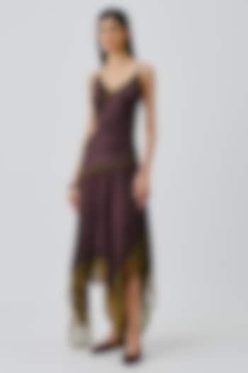 Plum & Black Modal Satin Handblock Printed Party Wear Dress by Aroka at Pernia's Pop Up Shop