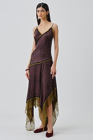 Plum & Black Modal Satin Handblock Printed Dress by Aroka