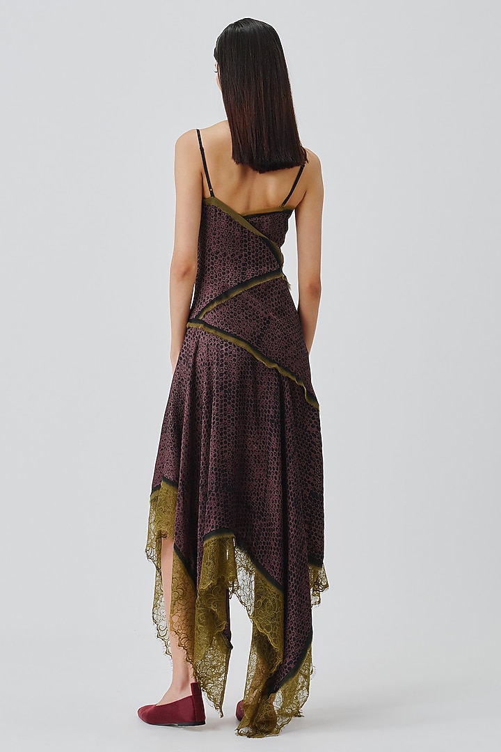 Plum & Black Modal Satin Handblock Printed Party Wear Dress by Aroka at Pernia's Pop Up Shop