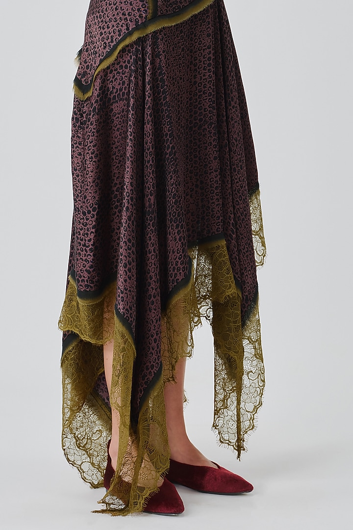 Plum & Black Modal Satin Handblock Printed Party Wear Dress by Aroka at Pernia's Pop Up Shop