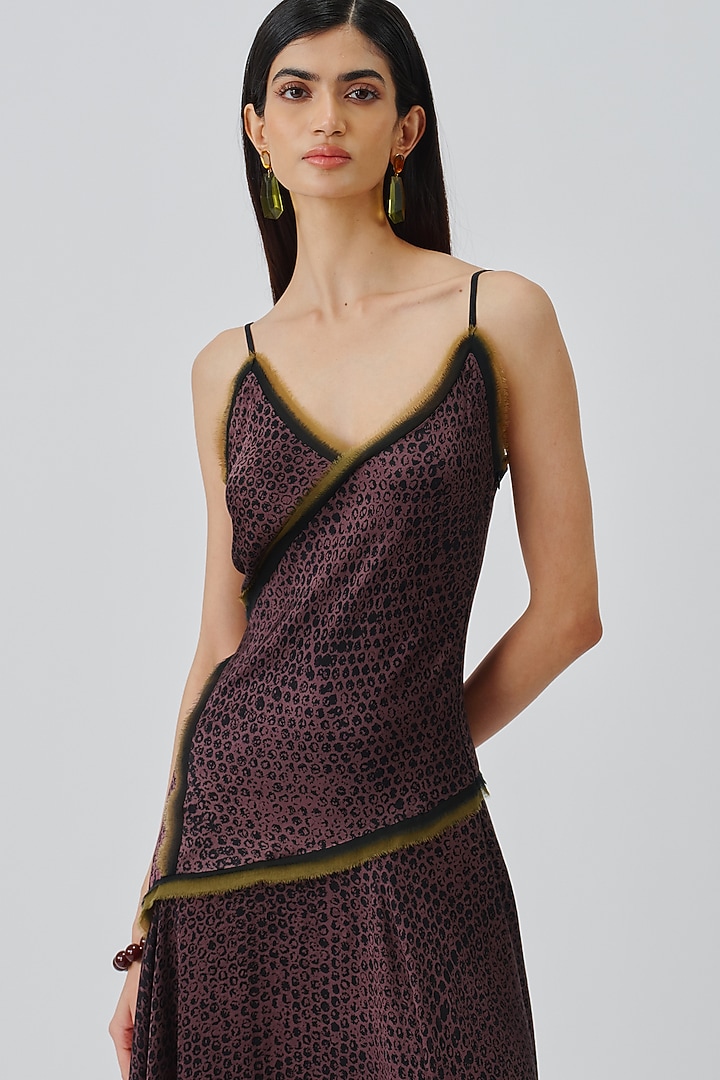 Plum & Black Modal Satin Handblock Printed Party Wear Dress by Aroka at Pernia's Pop Up Shop