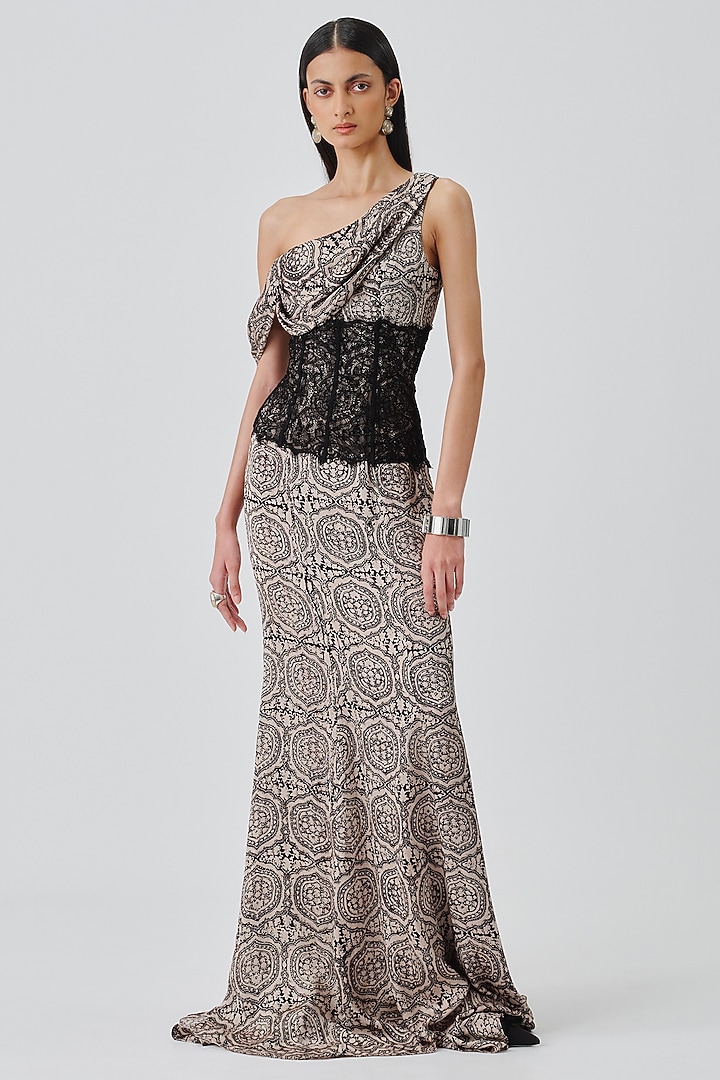 Ivory-Black Modal Satin Cocktail Dress by Aroka at Pernia's Pop Up Shop