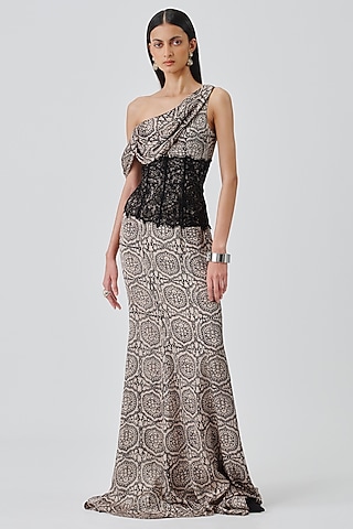 Ivory-Black Modal Satin Dress by Aroka