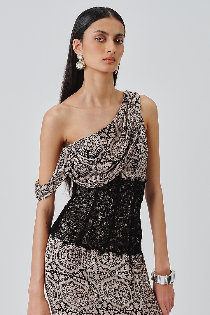 Ivory-Black Modal Satin Cocktail Dress by Aroka at Pernia's Pop Up Shop