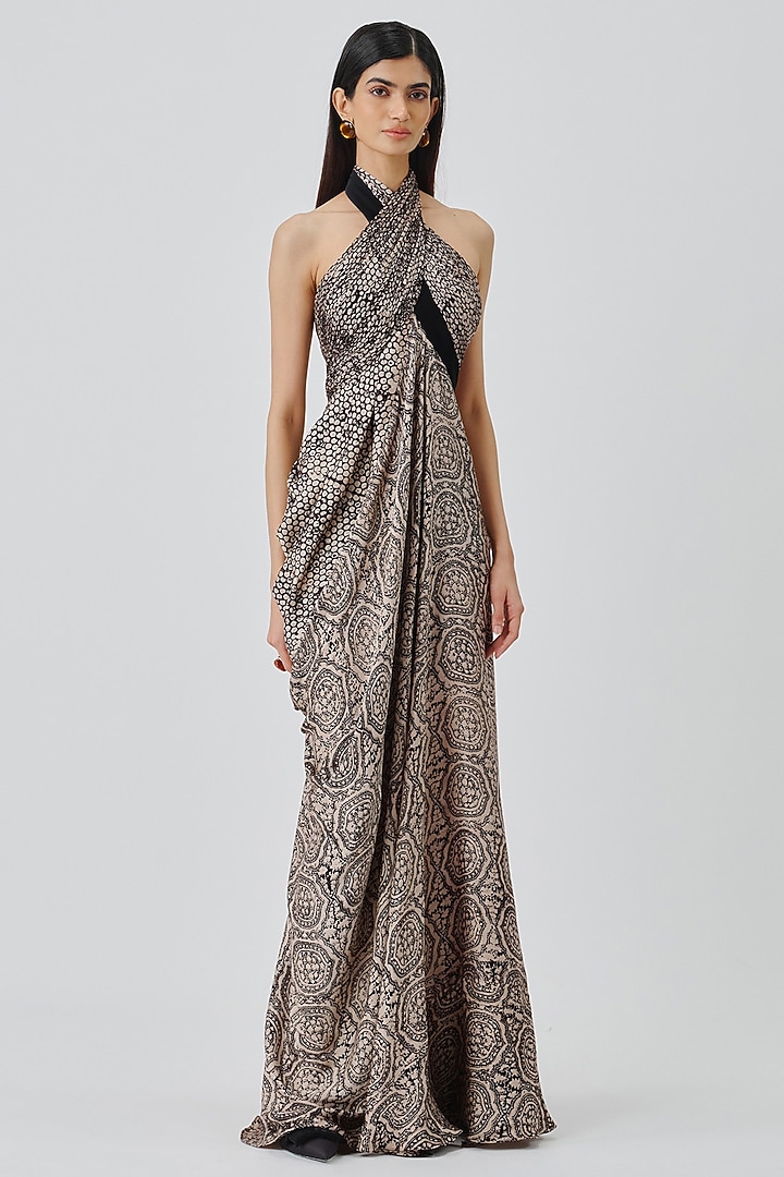 Warm Beige Modal Satin Handblock Printed Cocktail Dress by Aroka at Pernia's Pop Up Shop