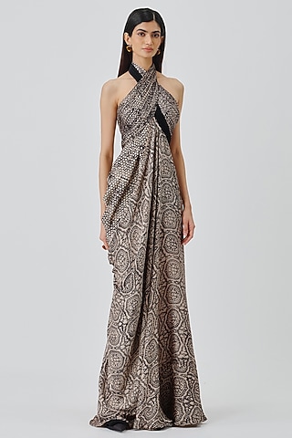 Warm Beige Modal Satin Handblock Printed Dress by Aroka