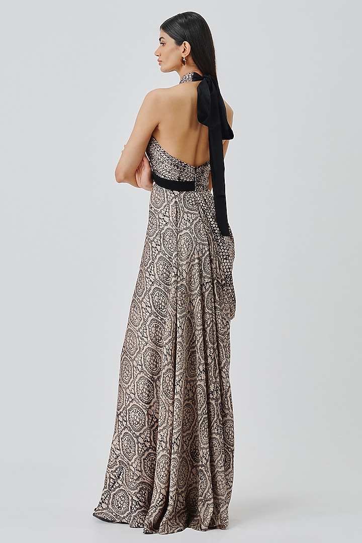 Warm Beige Modal Satin Handblock Printed Cocktail Dress by Aroka at Pernia's Pop Up Shop