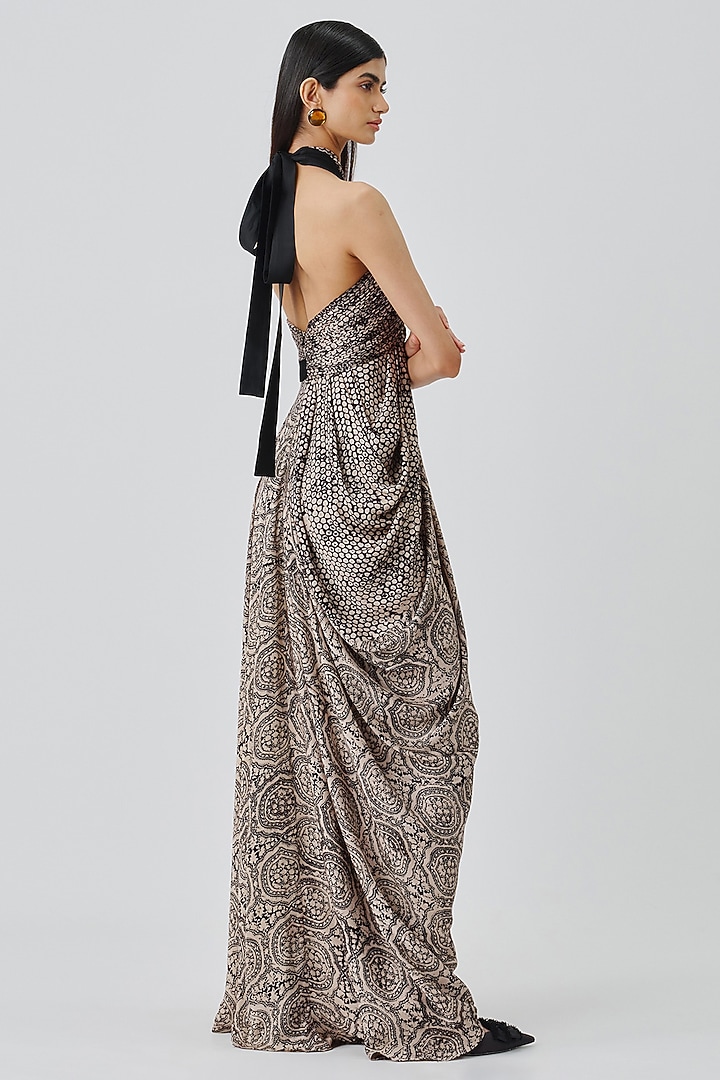 Warm Beige Modal Satin Handblock Printed Cocktail Dress by Aroka at Pernia's Pop Up Shop