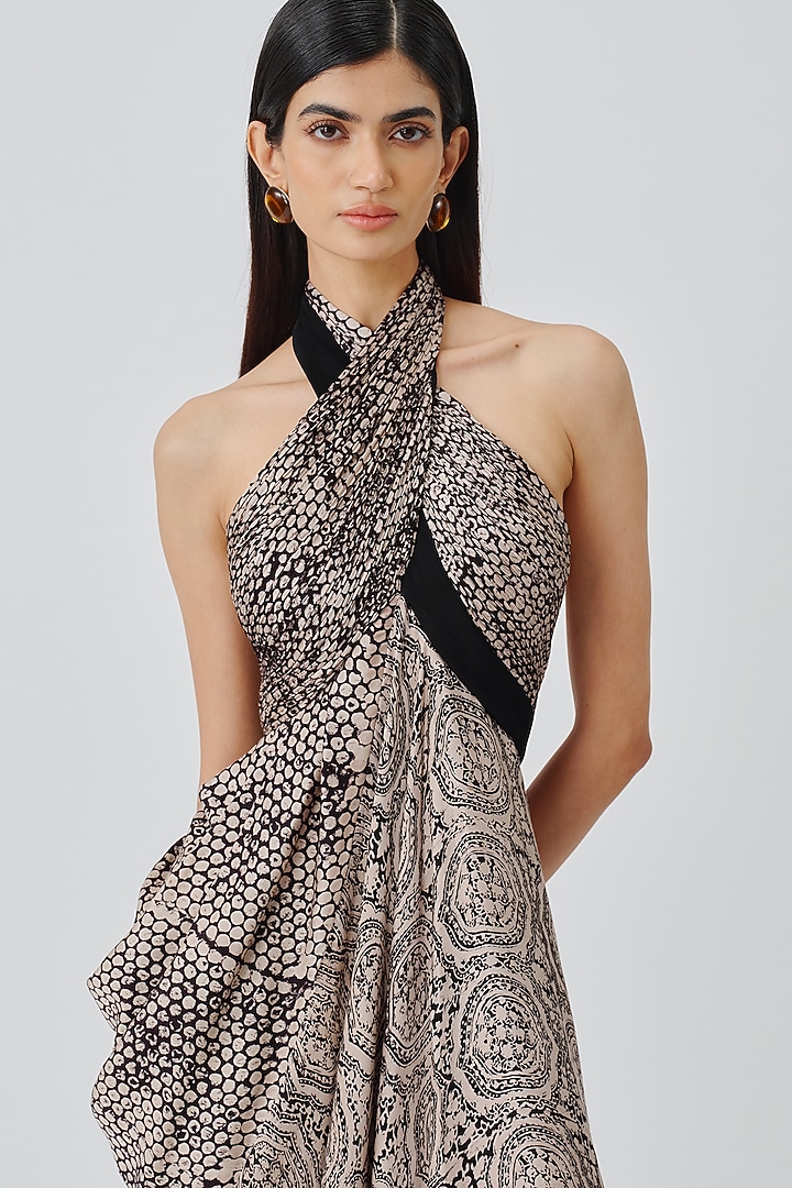 Warm Beige Modal Satin Handblock Printed Cocktail Dress by Aroka at Pernia's Pop Up Shop