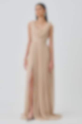 Soft Champagne Chiffon & Modal Satin Party Wear Dress by Aroka at Pernia's Pop Up Shop