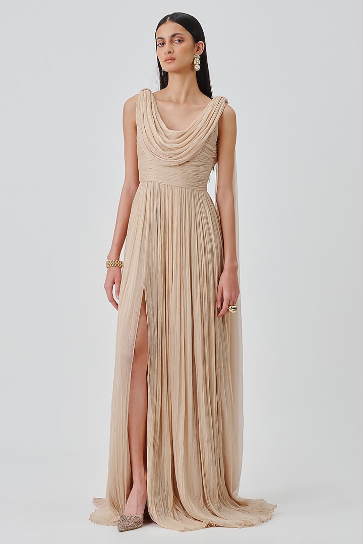 Soft Champagne Chiffon & Modal Satin Party Wear Dress by Aroka at Pernia's Pop Up Shop