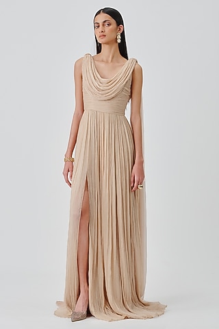 Soft Champagne Chiffon & Modal Satin Dress by Aroka