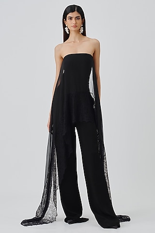 Black  Japanese Crepe Strapless Jumpsuit by Aroka