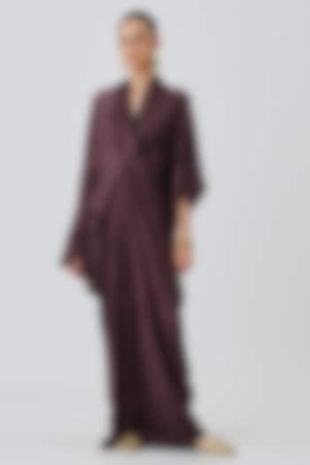 Plum Modal Satin Handblock Printed Draped Kaftan by Aroka at Pernia's Pop Up Shop