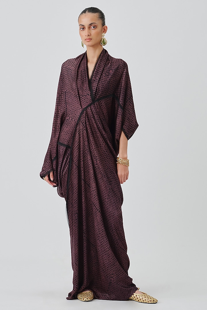 Plum Modal Satin Handblock Printed Draped Kaftan by Aroka at Pernia's Pop Up Shop