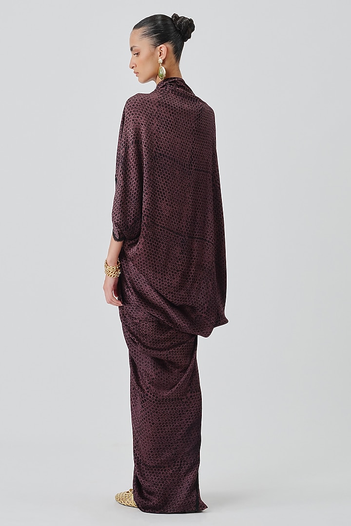 Plum Modal Satin Handblock Printed Draped Kaftan by Aroka at Pernia's Pop Up Shop