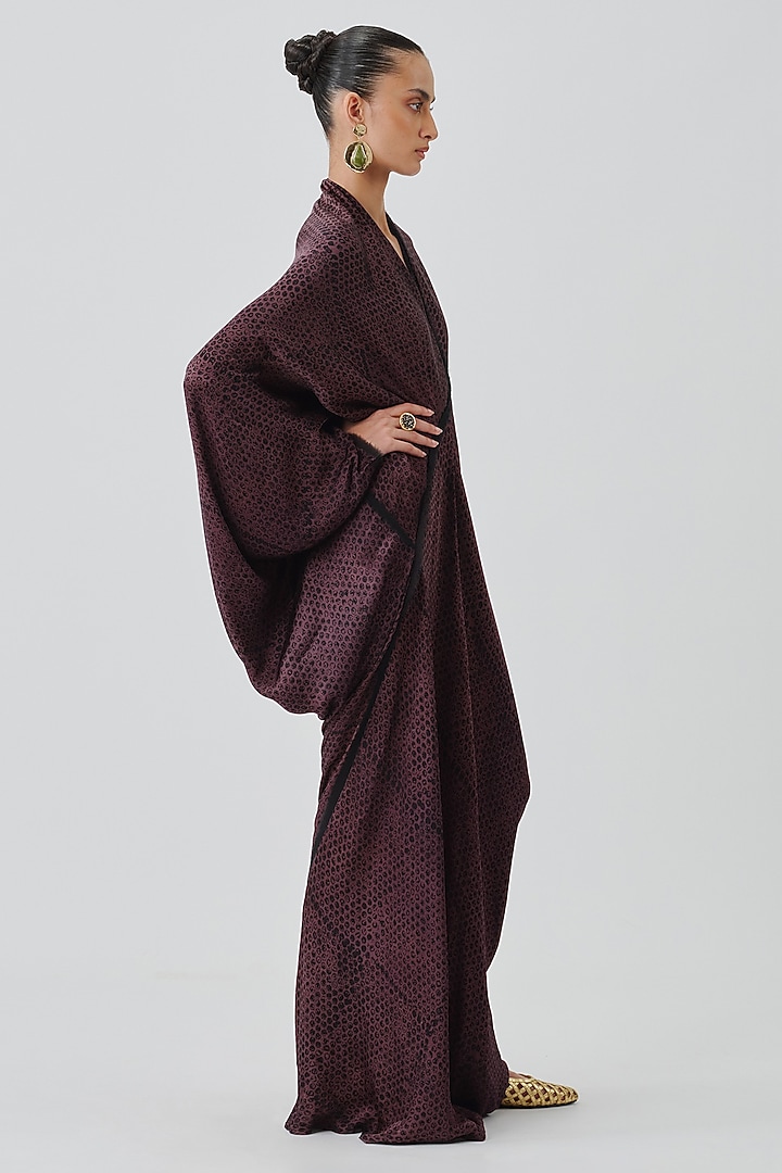 Plum Modal Satin Handblock Printed Draped Kaftan by Aroka at Pernia's Pop Up Shop