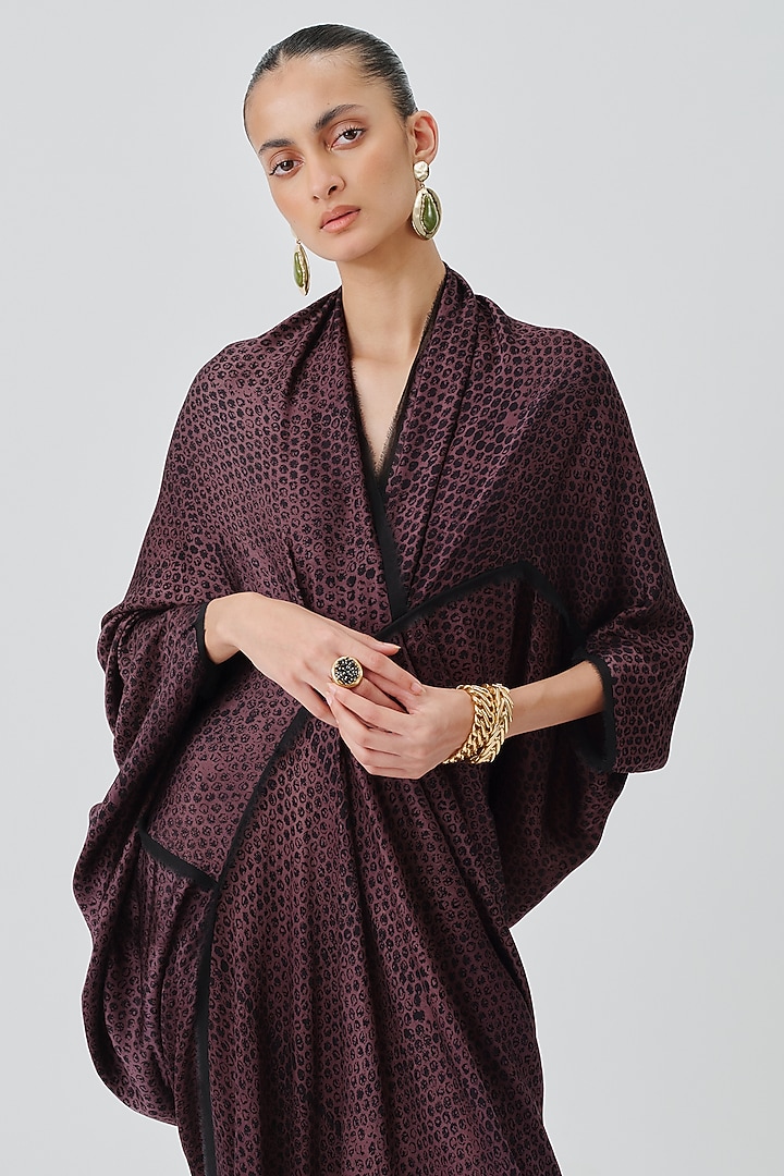 Plum Modal Satin Handblock Printed Draped Kaftan by Aroka at Pernia's Pop Up Shop
