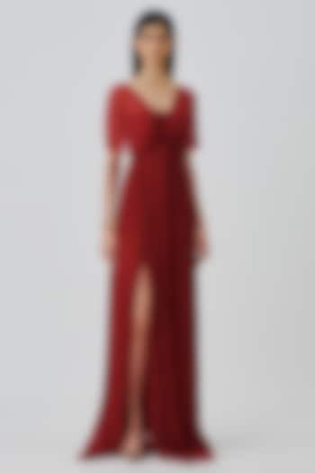 Scarlet Red Chiffon & Modal Satin Layered Party Wear Dress by Aroka at Pernia's Pop Up Shop