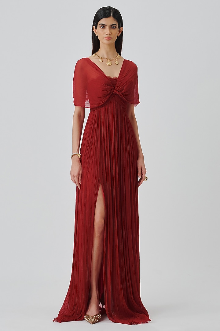 Scarlet Red Chiffon & Modal Satin Layered Party Wear Dress by Aroka at Pernia's Pop Up Shop