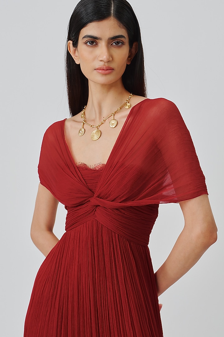 Scarlet Red Chiffon & Modal Satin Layered Party Wear Dress by Aroka at Pernia's Pop Up Shop