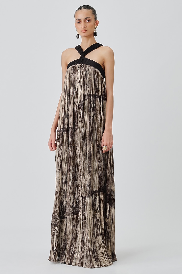 Warm Beige Mul Mul Handblock Printed Cocktail Dress by Aroka at Pernia's Pop Up Shop