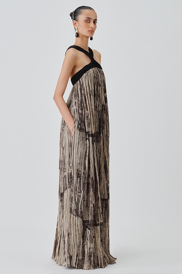 Warm Beige Mul Mul Handblock Printed Cocktail Dress by Aroka at Pernia's Pop Up Shop