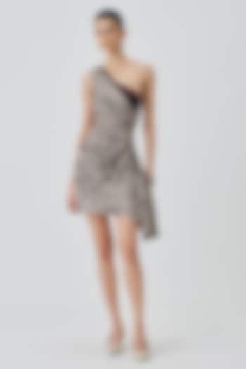 Warm Beige Modal Satin Handblock Printed One-Shoulder Vacation Dress by Aroka at Pernia's Pop Up Shop