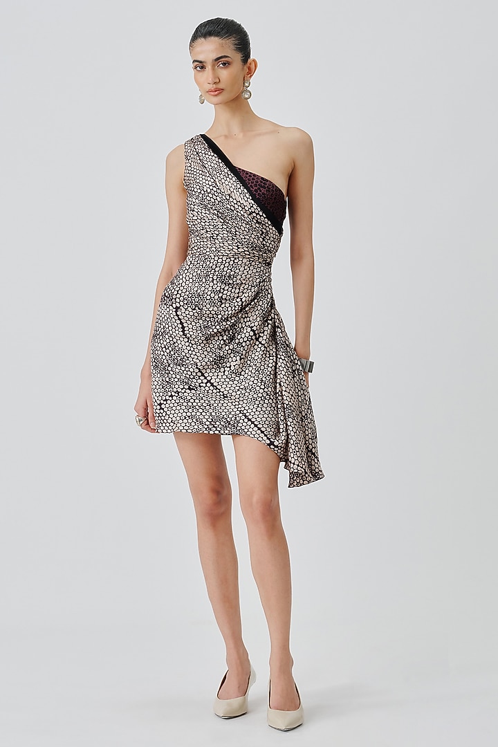 Warm Beige Modal Satin Handblock Printed One-Shoulder Vacation Dress by Aroka at Pernia's Pop Up Shop