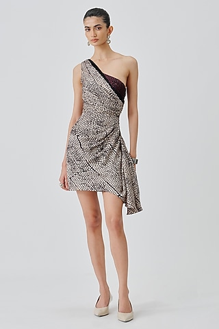 Warm Beige Modal Satin Handblock Printed One-Shoulder Dress by Aroka