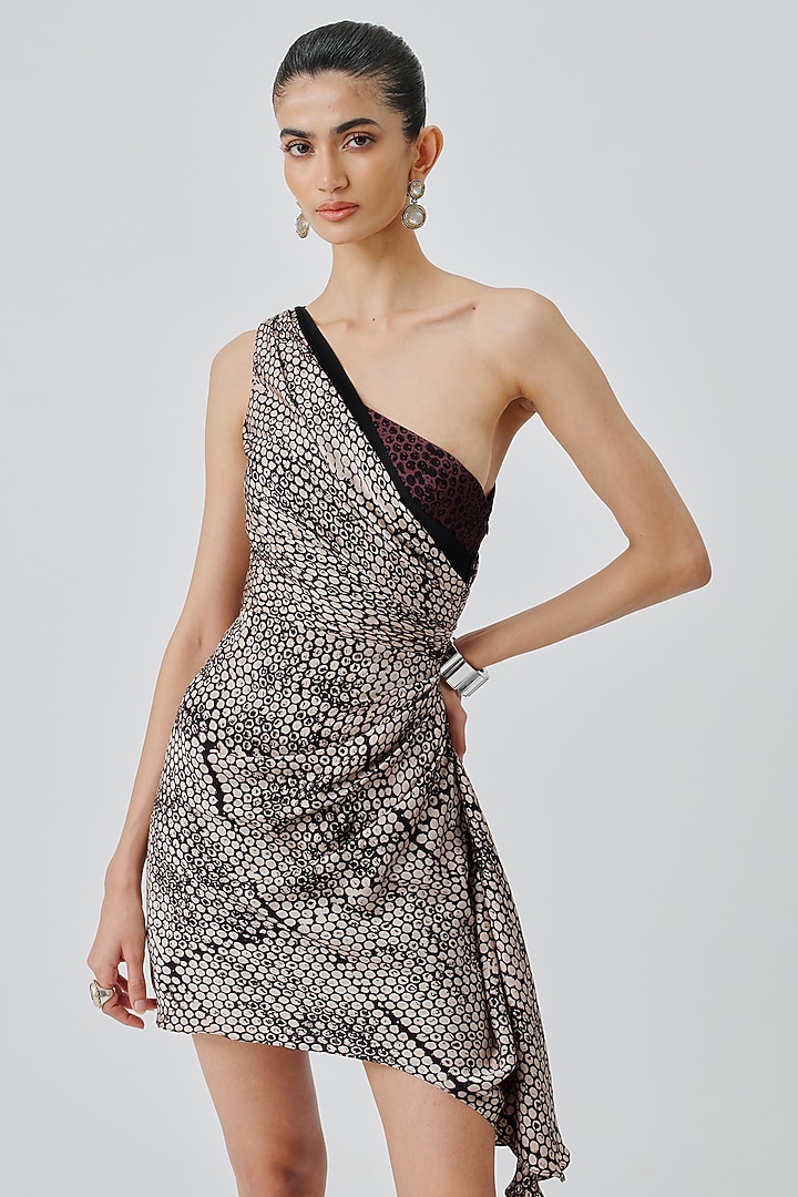 Warm Beige Modal Satin Handblock Printed One-Shoulder Vacation Dress by Aroka at Pernia's Pop Up Shop