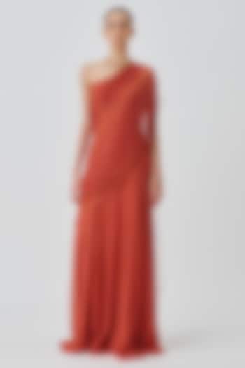 Salmon Orange Chiffon & Modal Satin One-Shoulder Party Wear Dress by Aroka at Pernia's Pop Up Shop