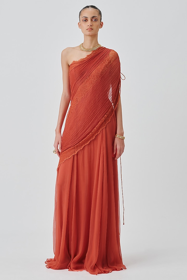 Salmon Orange Chiffon & Modal Satin One-Shoulder Party Wear Dress by Aroka at Pernia's Pop Up Shop
