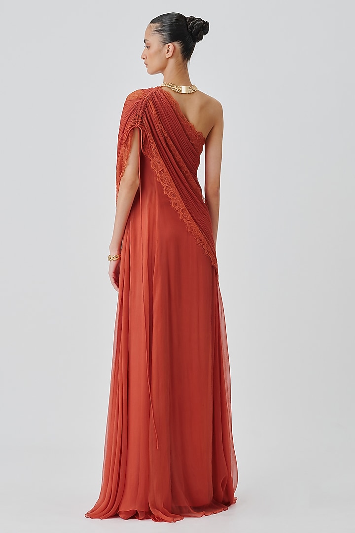 Salmon Orange Chiffon & Modal Satin One-Shoulder Party Wear Dress by Aroka at Pernia's Pop Up Shop