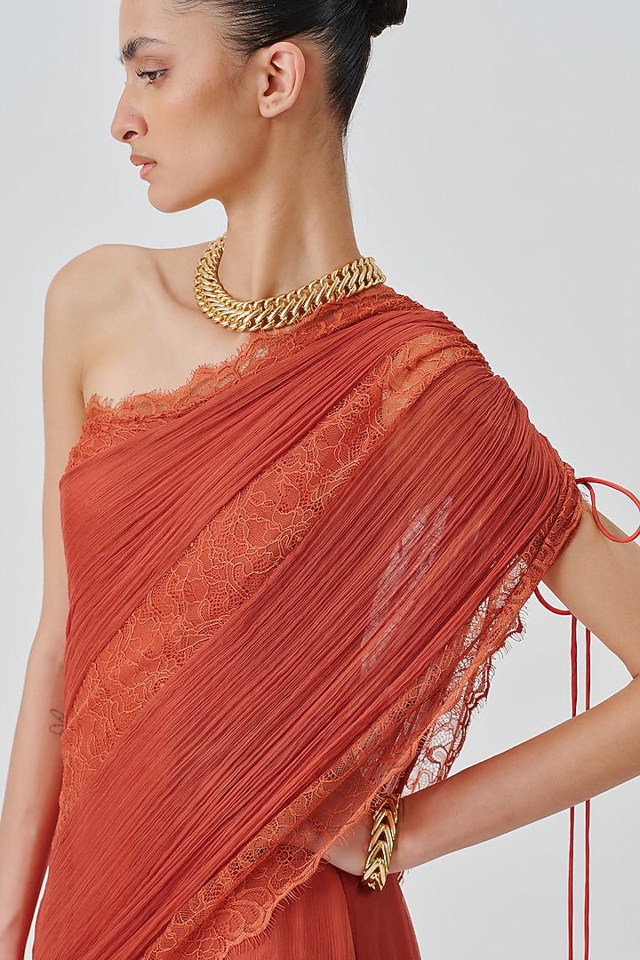 Salmon Orange Chiffon & Modal Satin One-Shoulder Party Wear Dress by Aroka at Pernia's Pop Up Shop